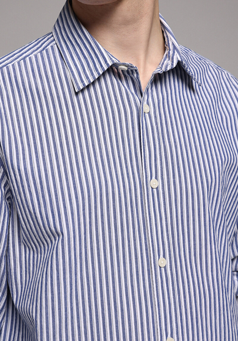Regular Fit Shirt Neck Çizgili Erkek Mavi Uzun Kol Gömlek