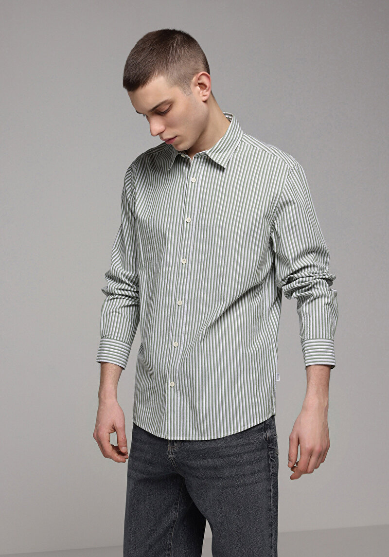 Regular Fit Shirt Neck Çizgili Erkek Yeşil Uzun Kol Gömlek