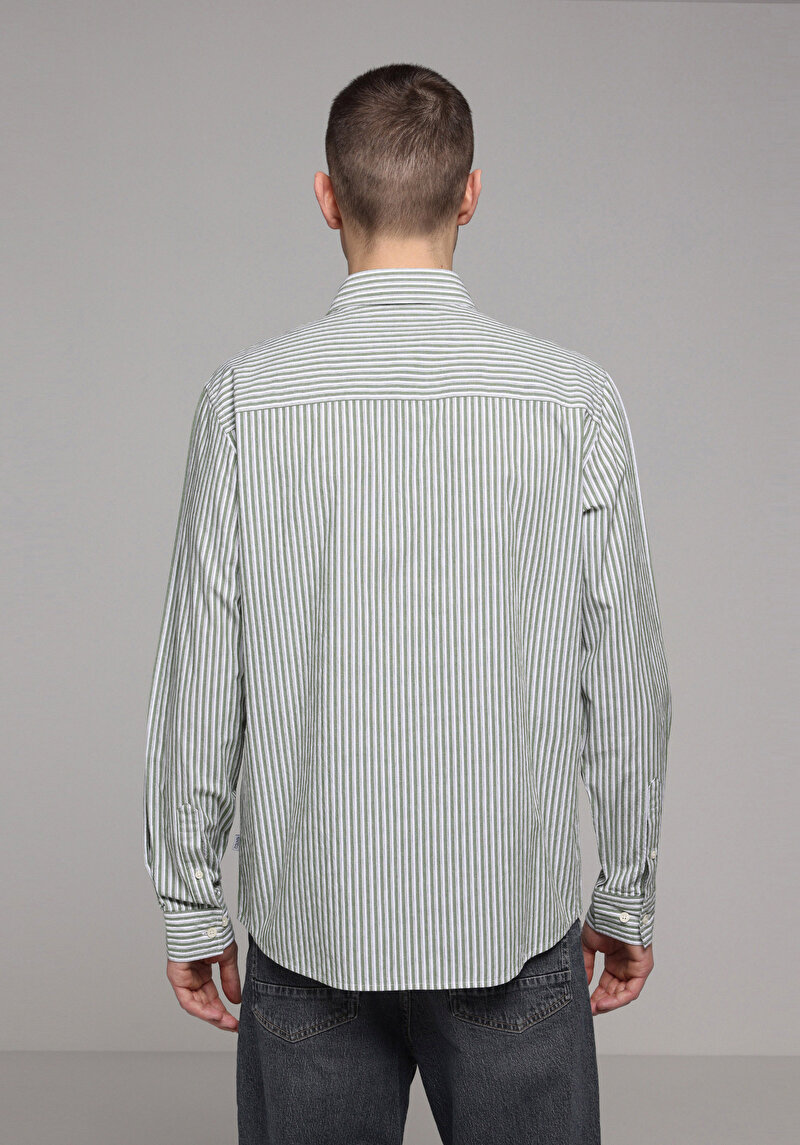 Regular Fit Shirt Neck Çizgili Erkek Yeşil Uzun Kol Gömlek