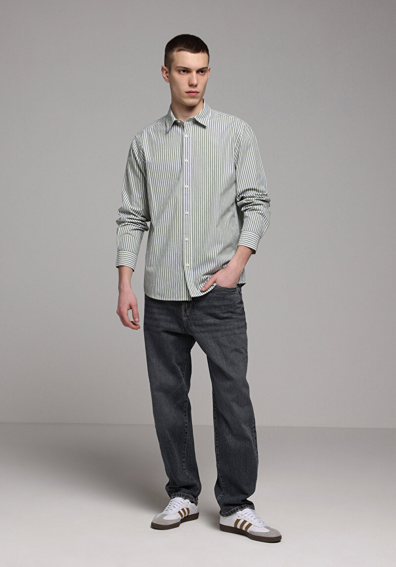 Regular Fit Shirt Neck Çizgili Erkek Yeşil Uzun Kol Gömlek
