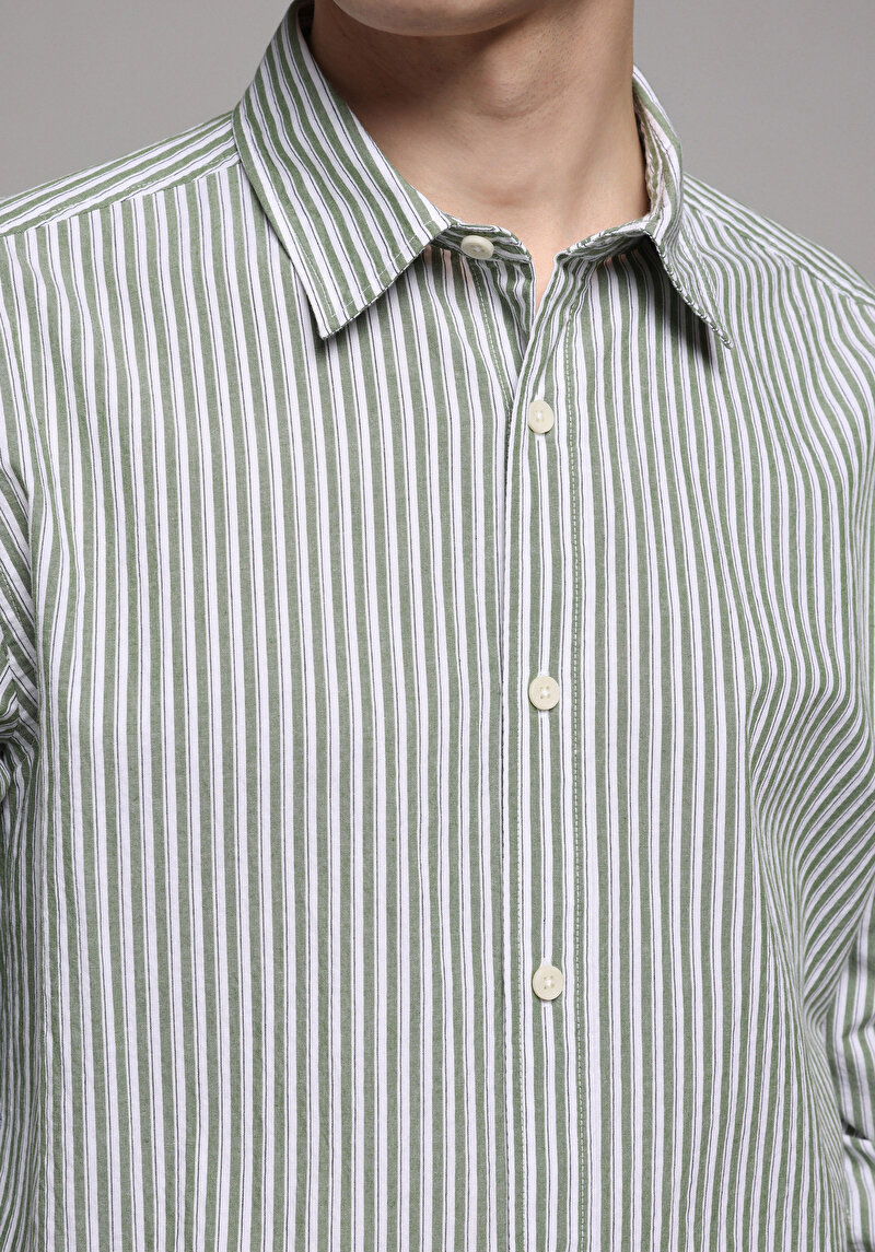 Regular Fit Shirt Neck Çizgili Erkek Yeşil Uzun Kol Gömlek