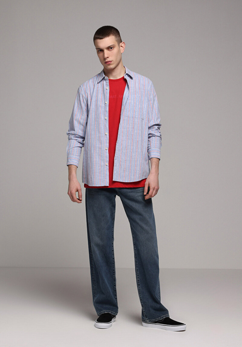 Regular Fit Shirt Neck Çizgili Erkek Mavi Uzun Kol Gömlek