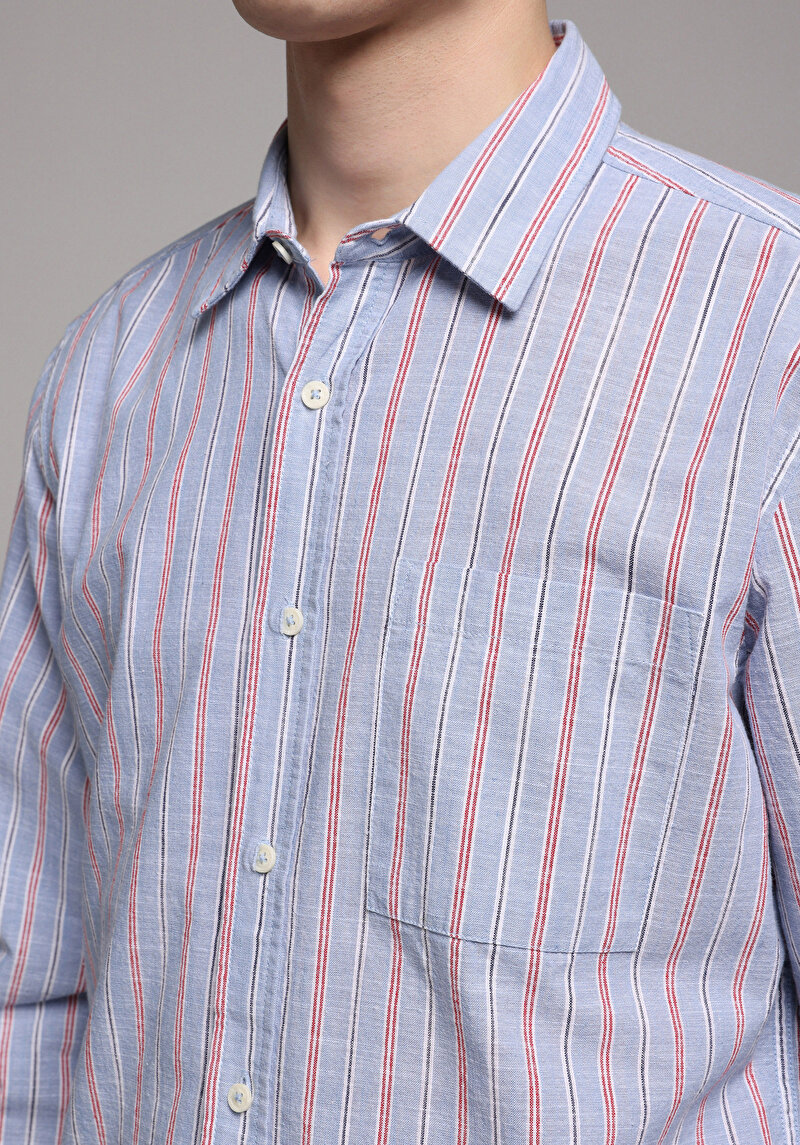 Regular Fit Shirt Neck Çizgili Erkek Mavi Uzun Kol Gömlek