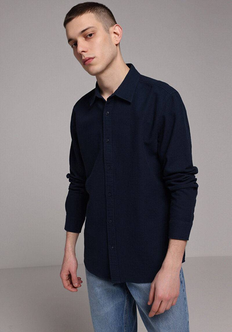 Regular Fit Shirt Neck Düz Erkek Lacivert Uzun Kol Gömlek