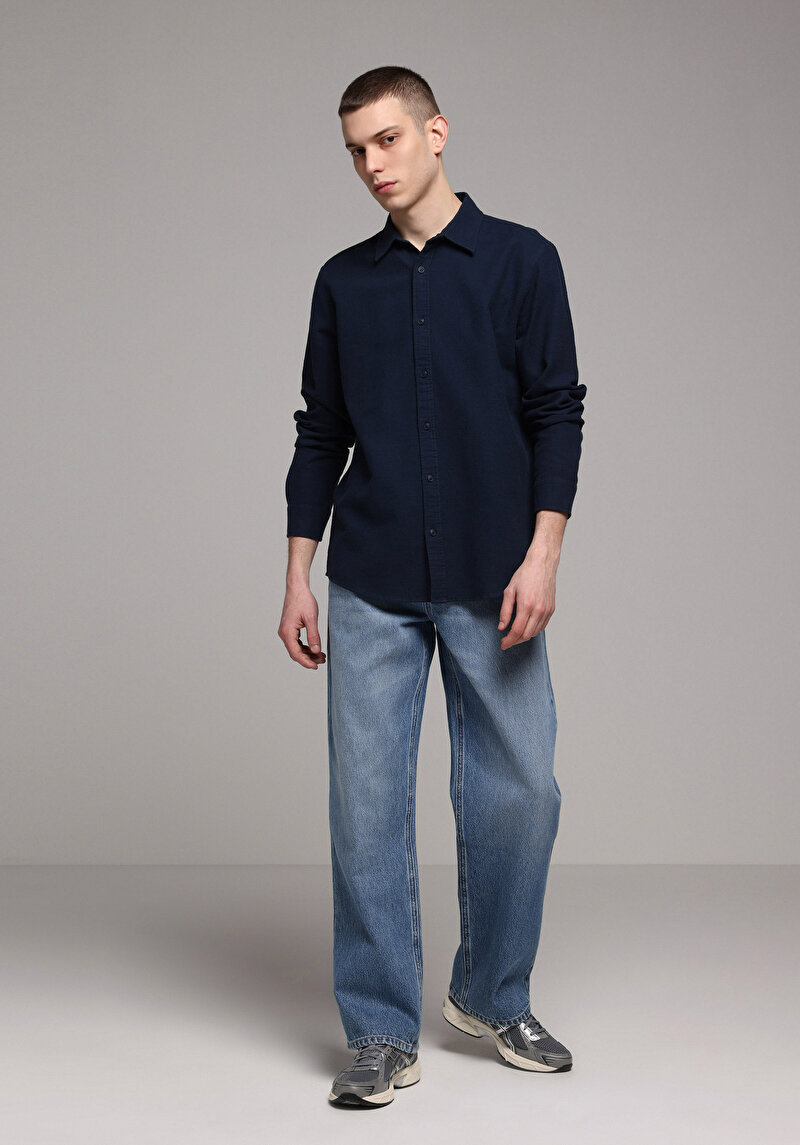 Regular Fit Shirt Neck Düz Erkek Lacivert Uzun Kol Gömlek