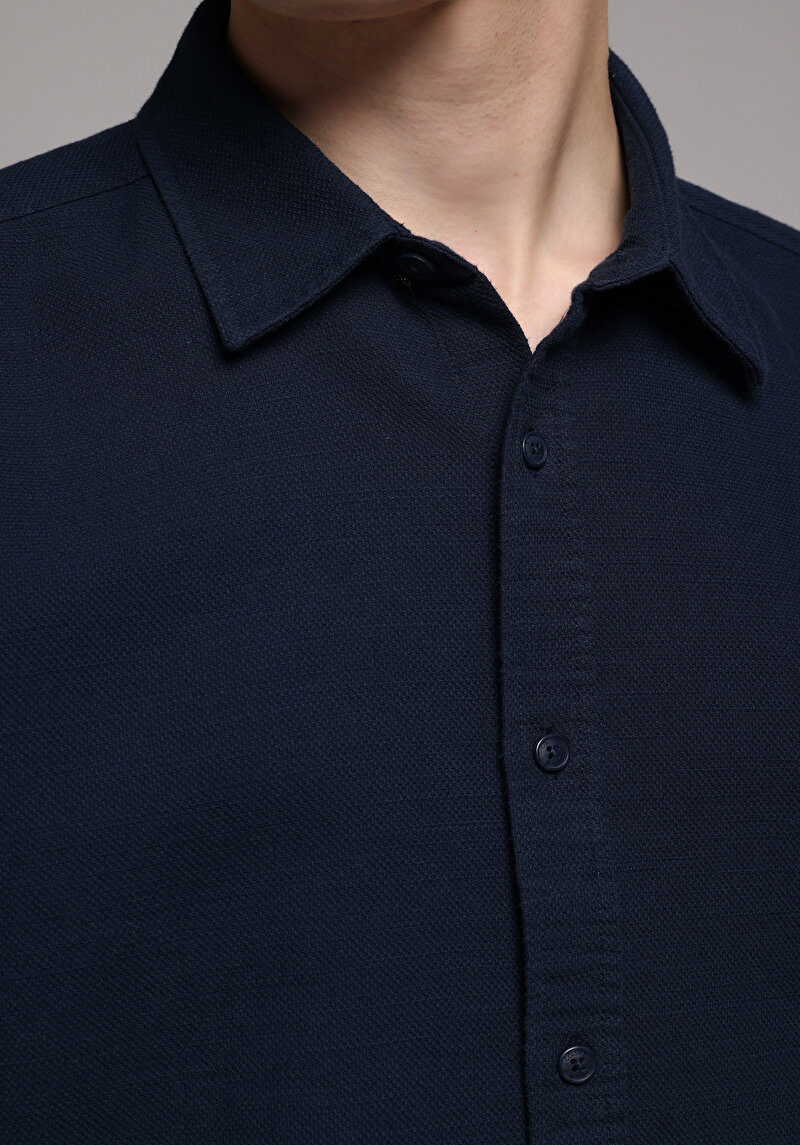 Regular Fit Shirt Neck Düz Erkek Lacivert Uzun Kol Gömlek
