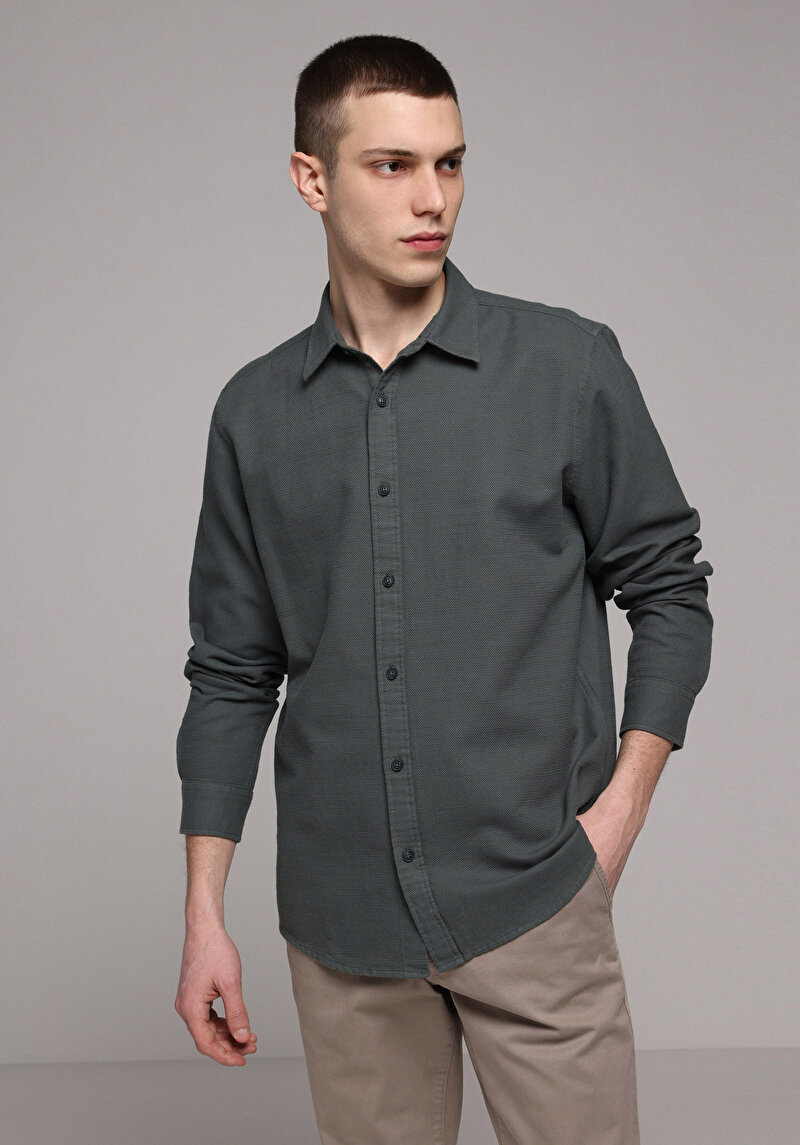 Regular Fit Shirt Neck Düz Erkek Yeşil Uzun Kol Gömlek