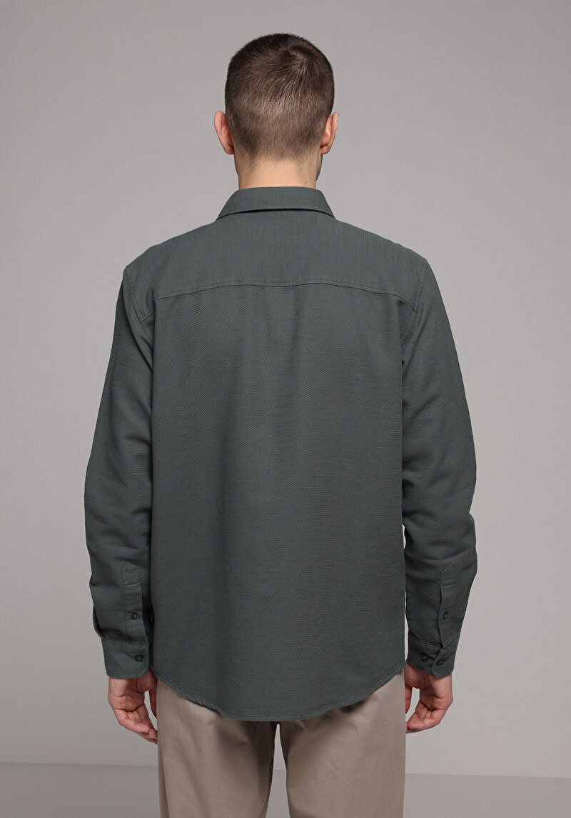 Regular Fit Shirt Neck Düz Erkek Yeşil Uzun Kol Gömlek