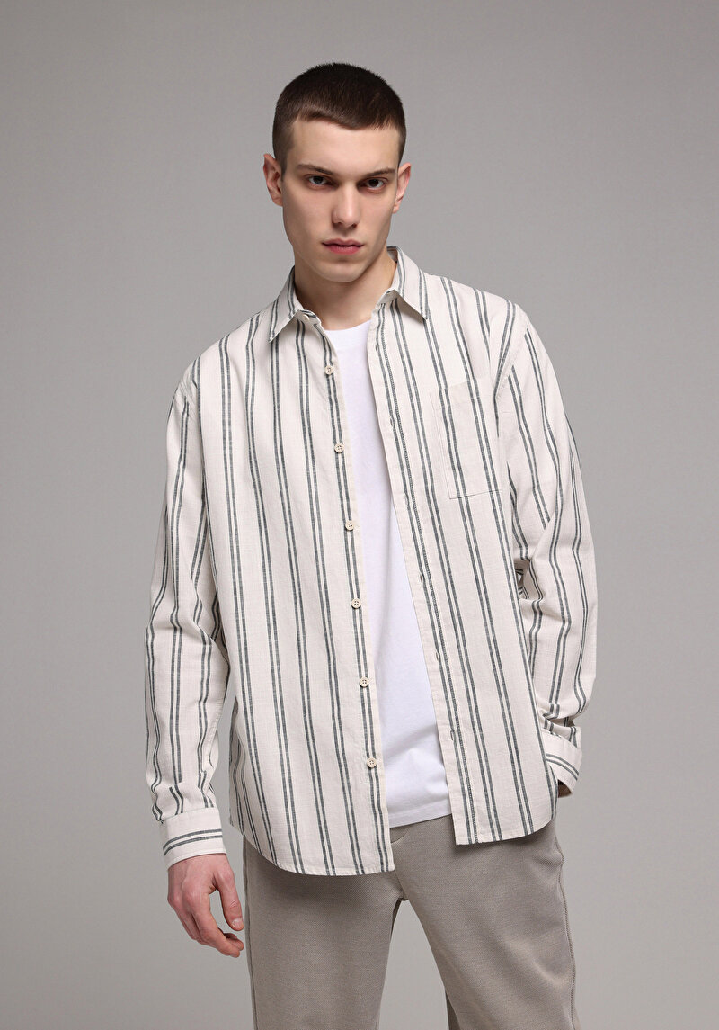 Regular Fit Shirt Neck Çizgili Erkek Ekru Uzun Kol Gömlek