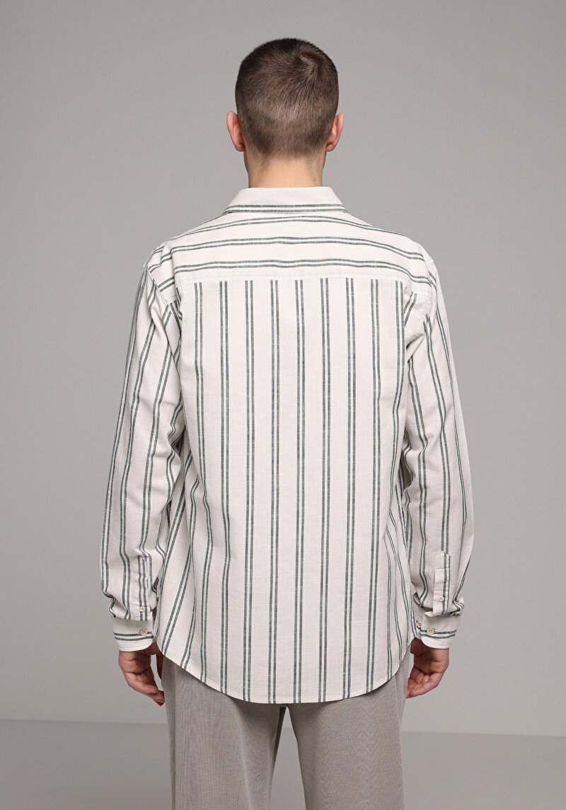 Regular Fit Shirt Neck Çizgili Erkek Ekru Uzun Kol Gömlek