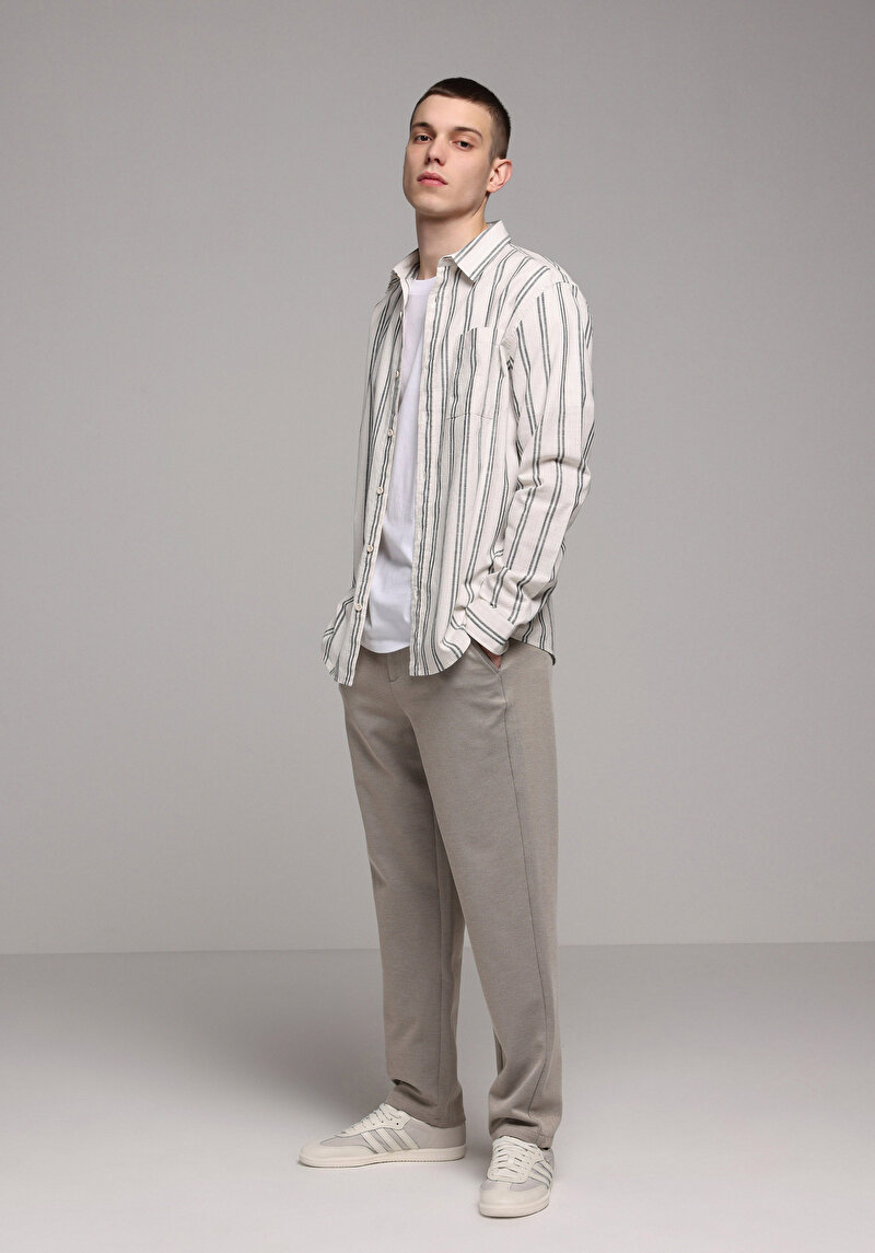 Regular Fit Shirt Neck Çizgili Erkek Ekru Uzun Kol Gömlek