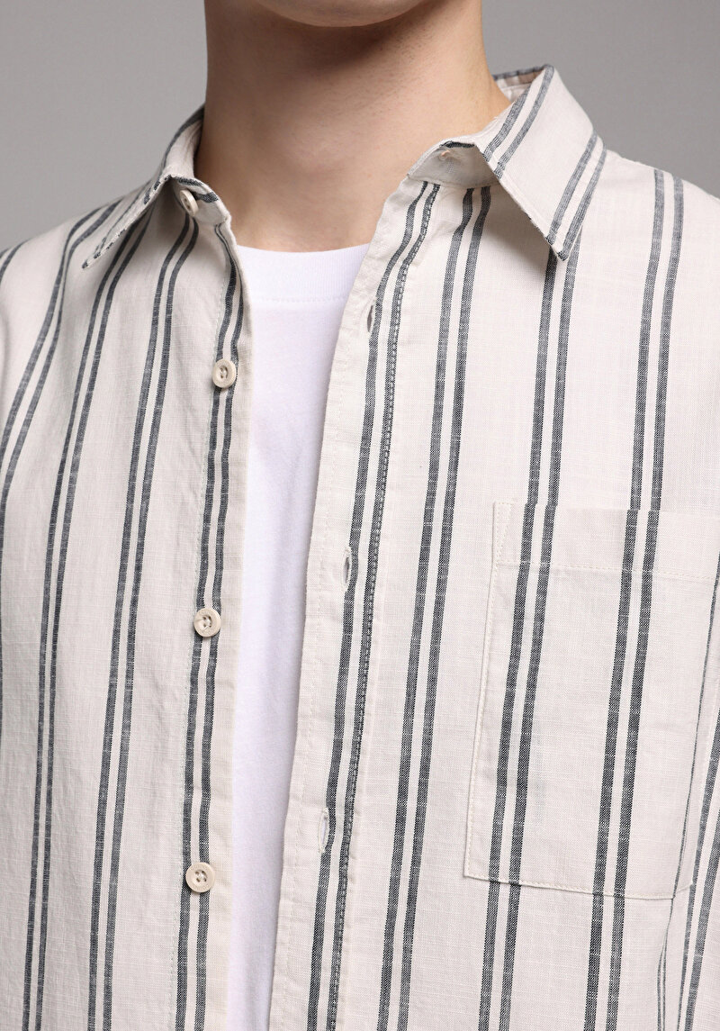 Regular Fit Shirt Neck Çizgili Erkek Ekru Uzun Kol Gömlek