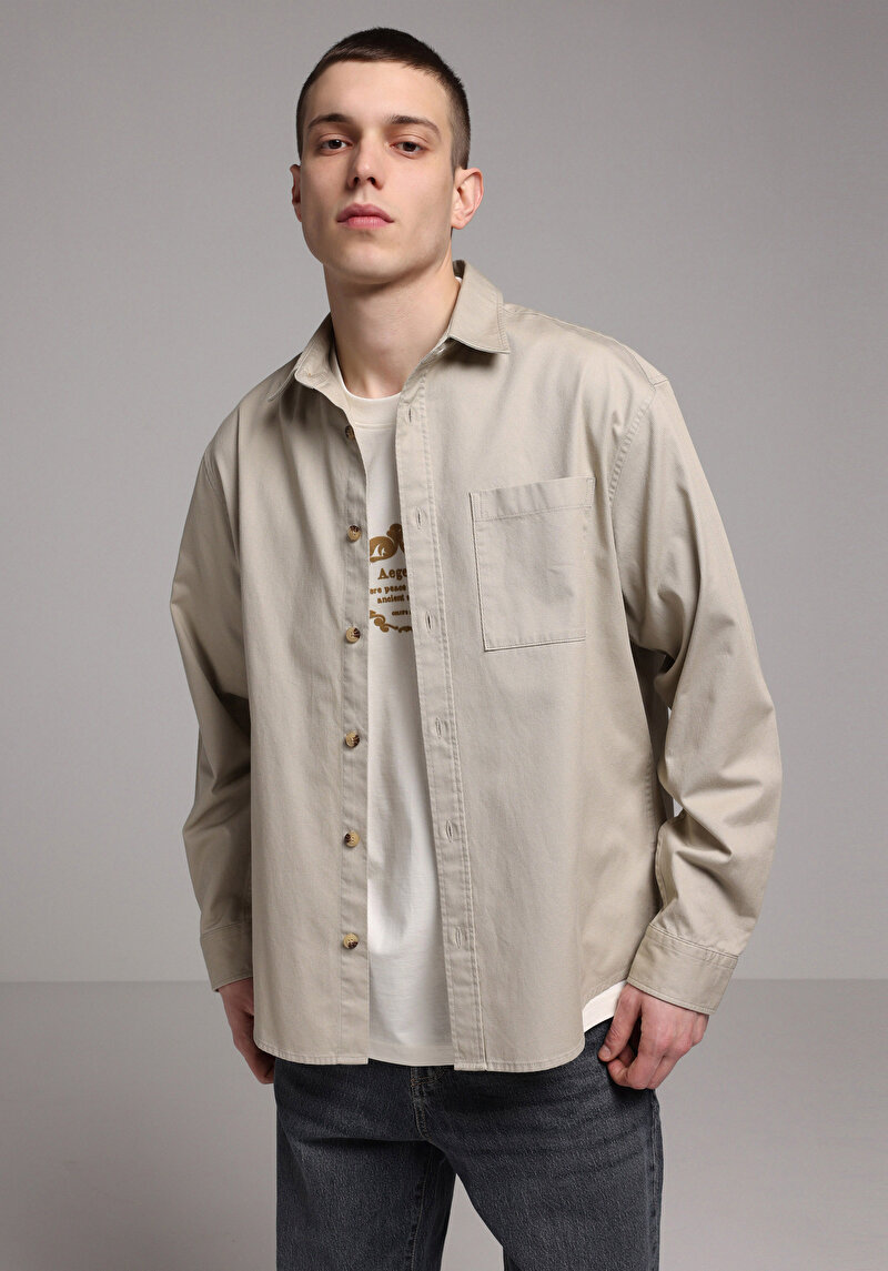 Relaxed Fit Shirt Neck Düz Erkek Bej Uzun Kol Gömlek
