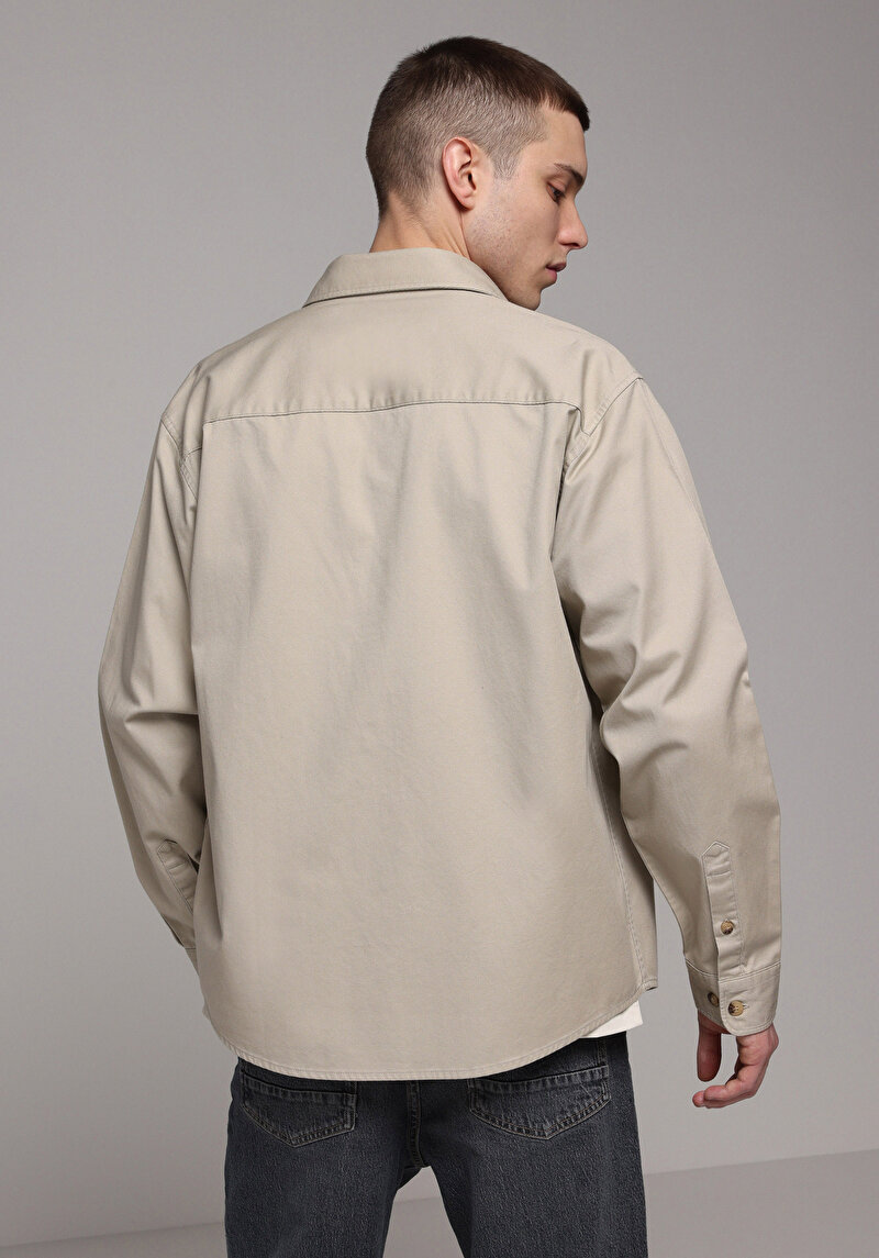 Relaxed Fit Shirt Neck Düz Erkek Bej Uzun Kol Gömlek