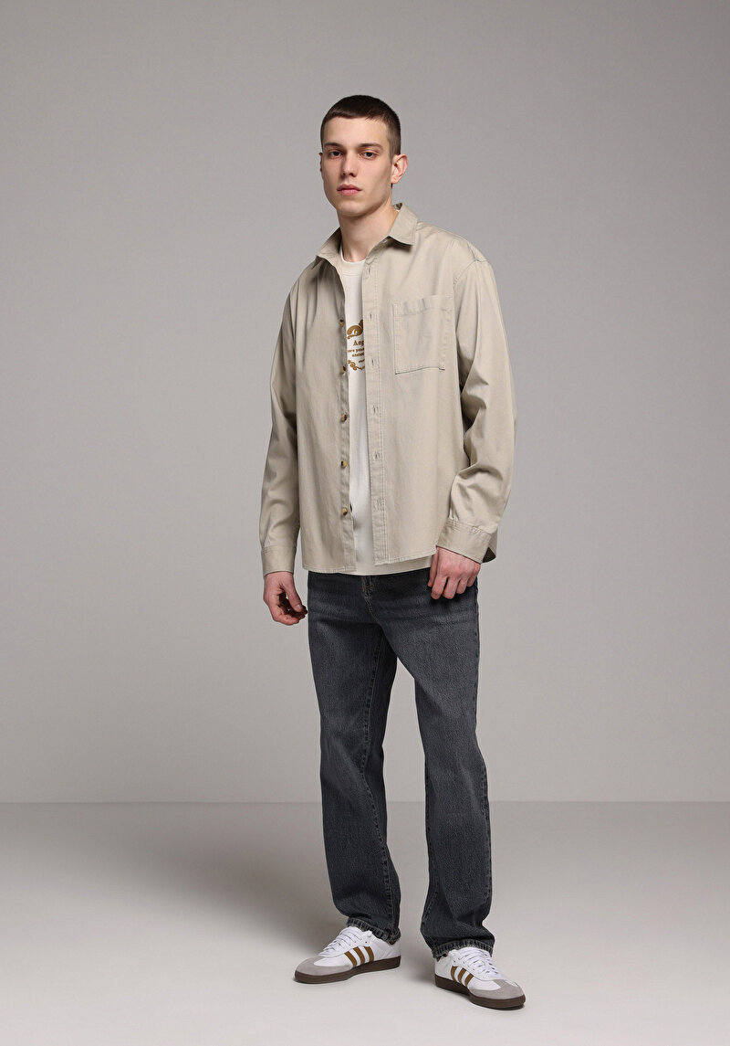 Relaxed Fit Shirt Neck Düz Erkek Bej Uzun Kol Gömlek