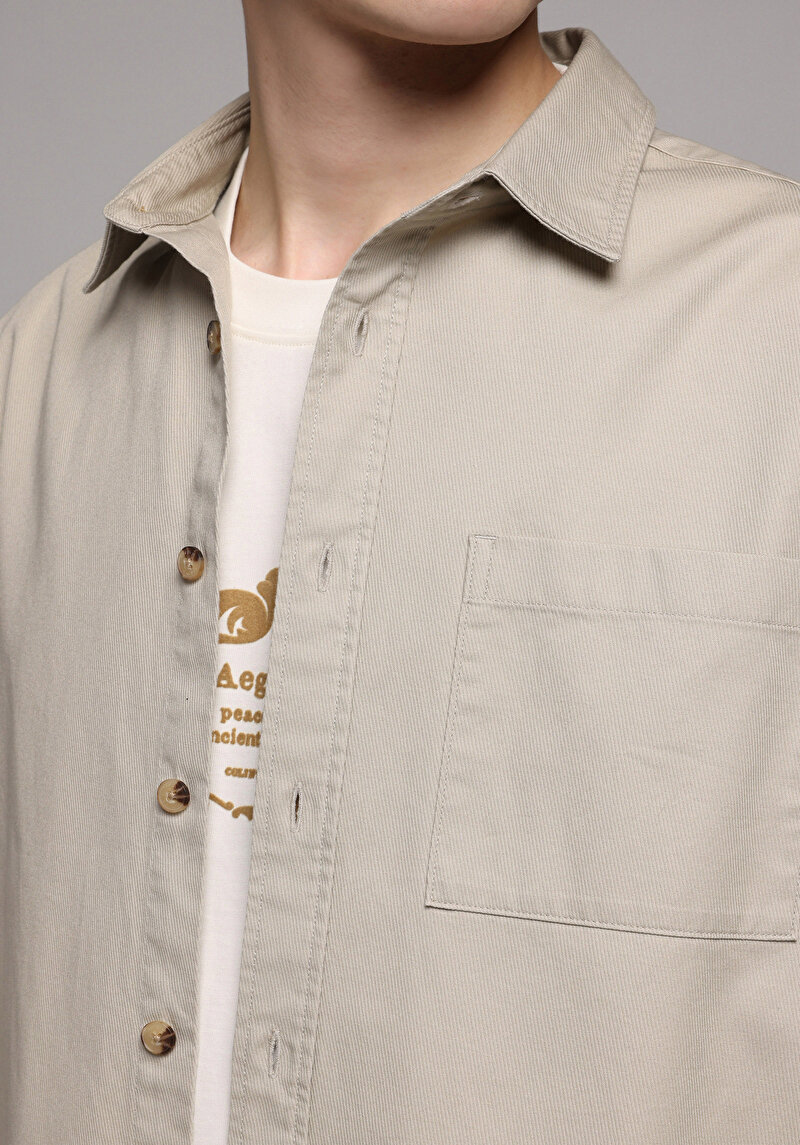 Relaxed Fit Shirt Neck Düz Erkek Bej Uzun Kol Gömlek