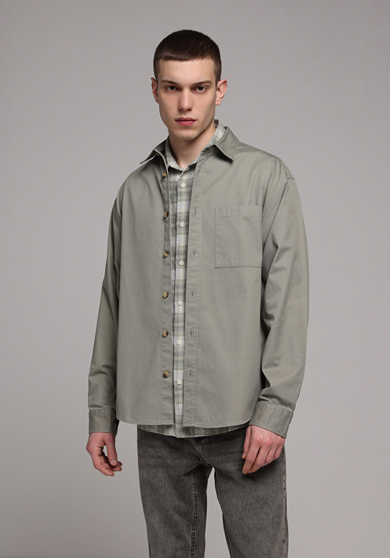 Relaxed Fit Shirt Neck Düz Erkek Yeşil Uzun Kol Gömlek