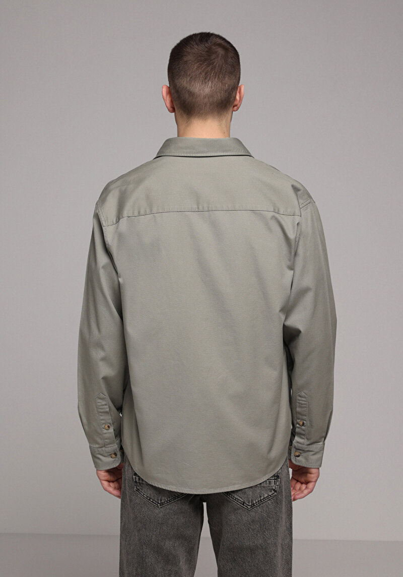 Relaxed Fit Shirt Neck Düz Erkek Yeşil Uzun Kol Gömlek