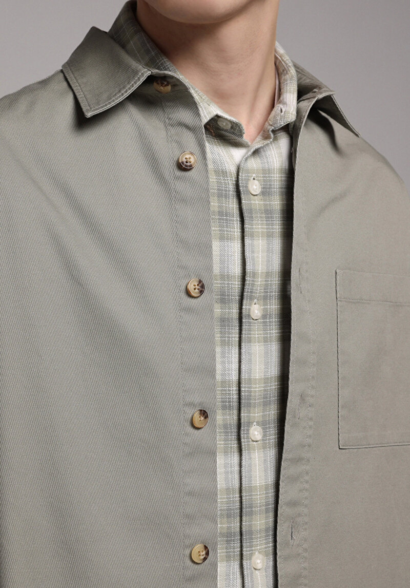 Relaxed Fit Shirt Neck Düz Erkek Yeşil Uzun Kol Gömlek