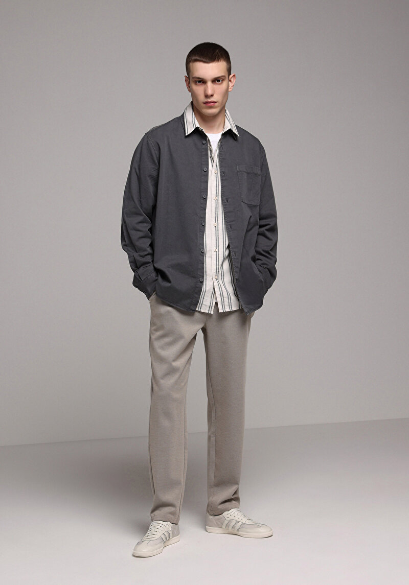 Regular Fit Orta Bel Düz Paça Erkek Bej Pantolon