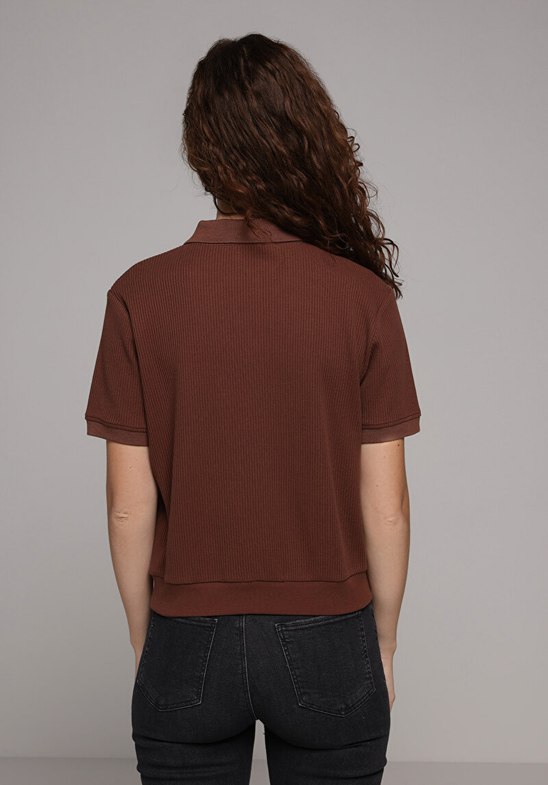 Regular Fit Polo Yaka Düz Kadın Kahverengi Kısa Kol Tişört
