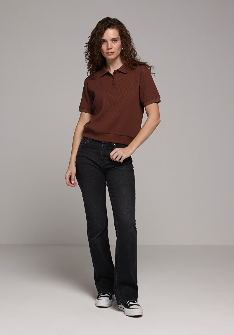 Regular Fit Polo Yaka Düz Kadın Kahverengi Kısa Kol Tişört