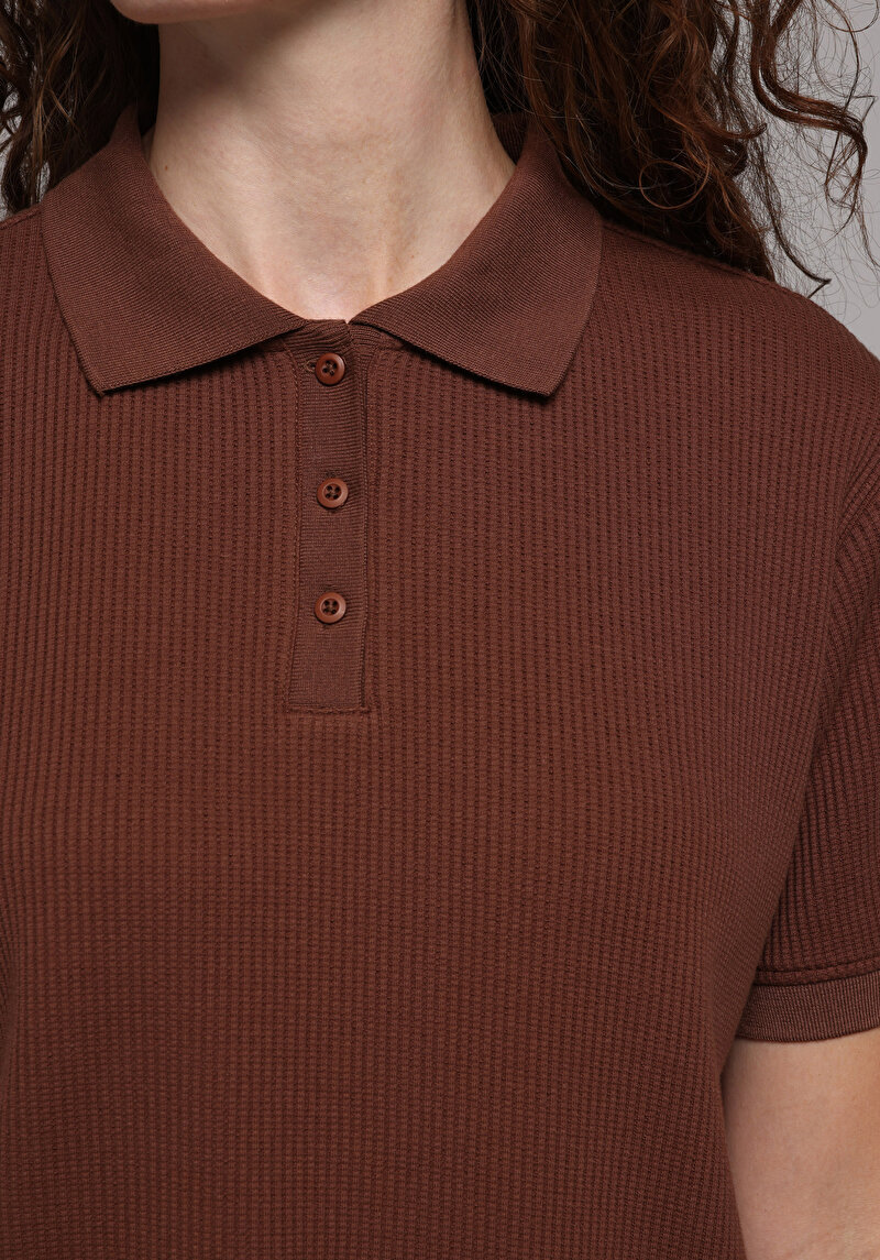 Regular Fit Polo Yaka Düz Kadın Kahverengi Kısa Kol Tişört