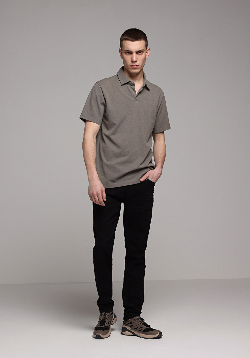 Regular Fit Polo Yaka Düz Erkek Haki Kısa Kol Tişört