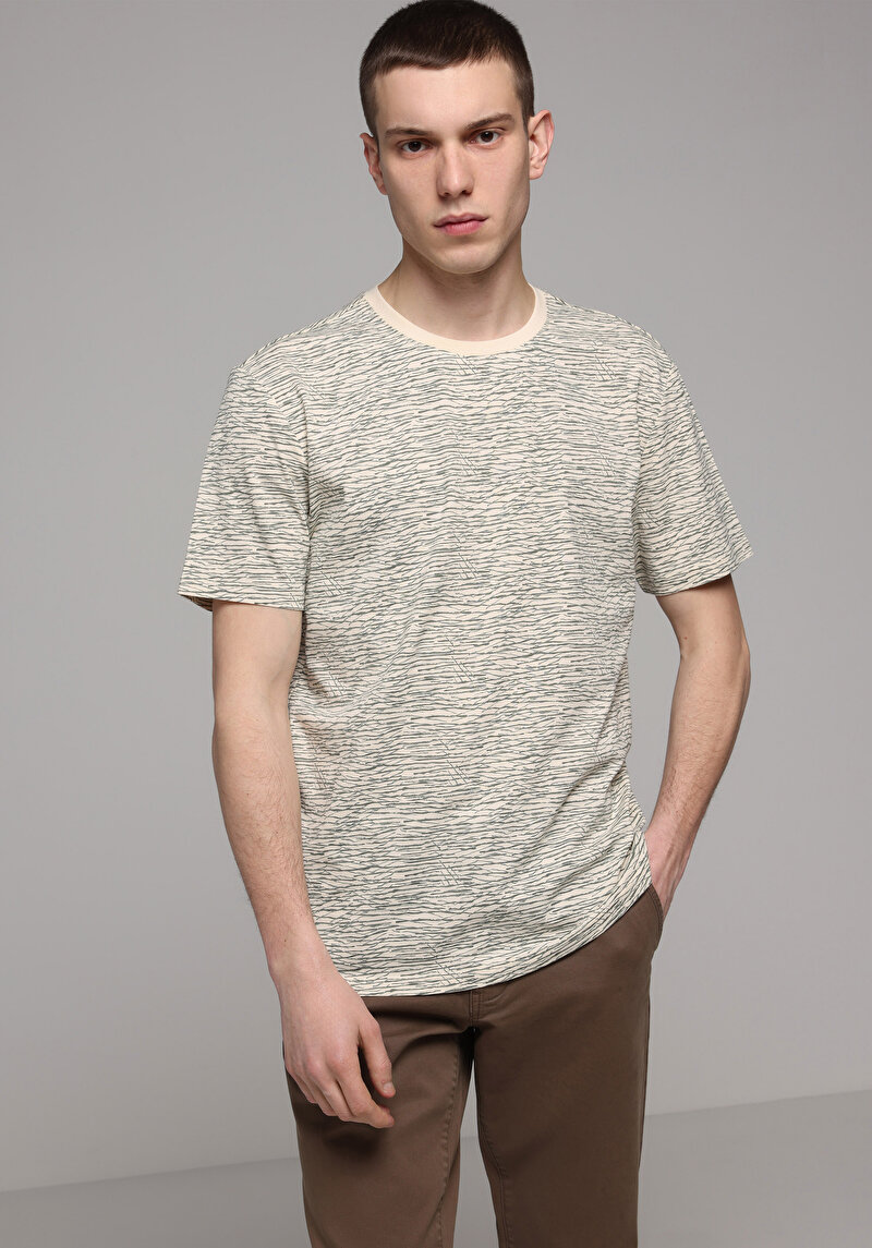 Regular Fit Yuvarlak Yaka Baskılı Erkek Bej Kısa Kol Tişört