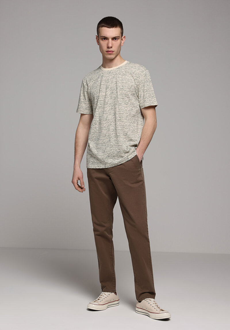 Regular Fit Yuvarlak Yaka Baskılı Erkek Bej Kısa Kol Tişört