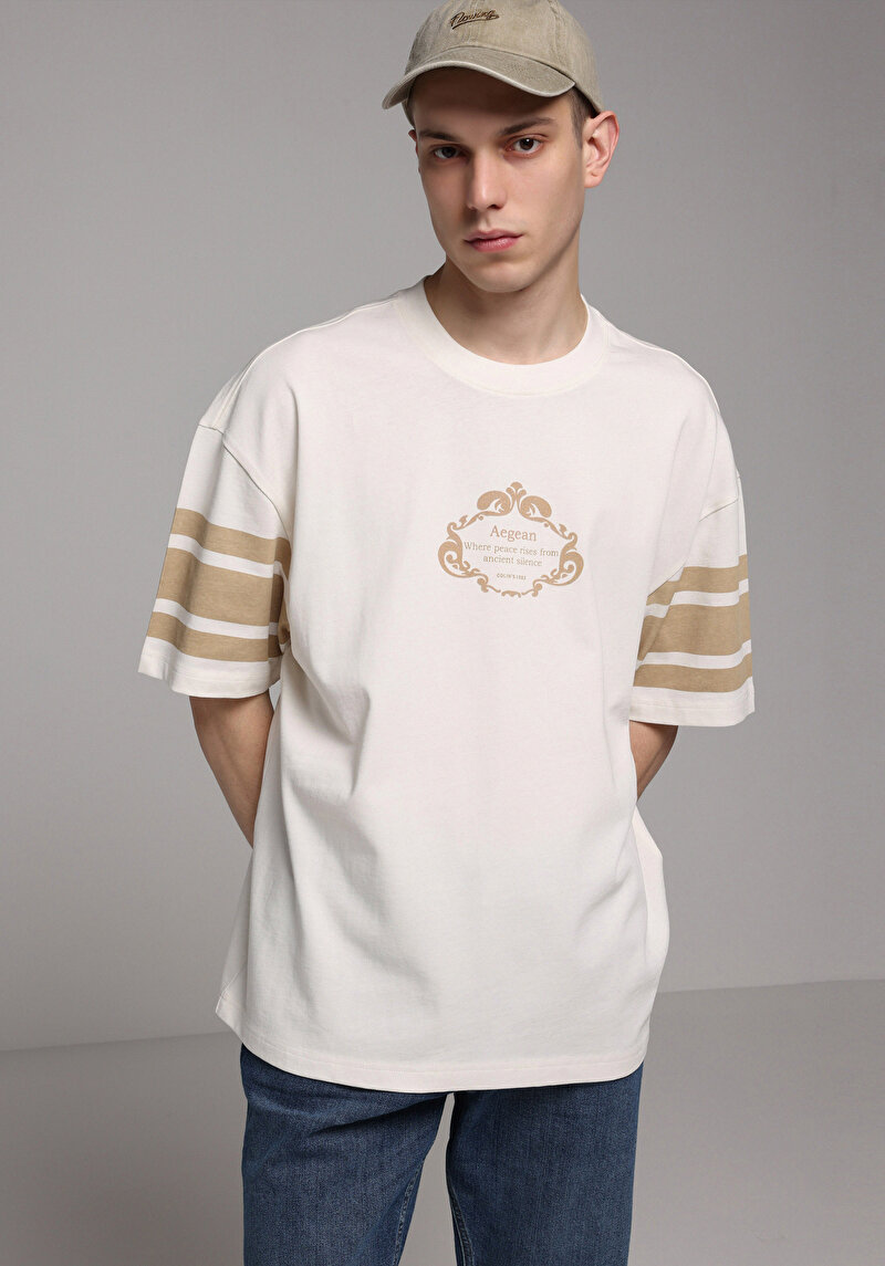 Oversize Fit Yuvarlak Yaka Düz Erkek Ekru Kısa Kol Tişört