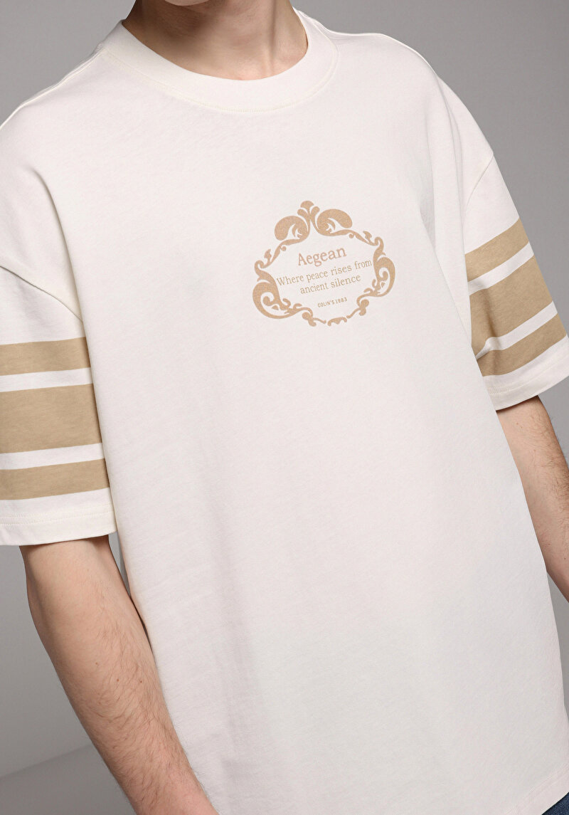 Oversize Fit Yuvarlak Yaka Düz Erkek Ekru Kısa Kol Tişört