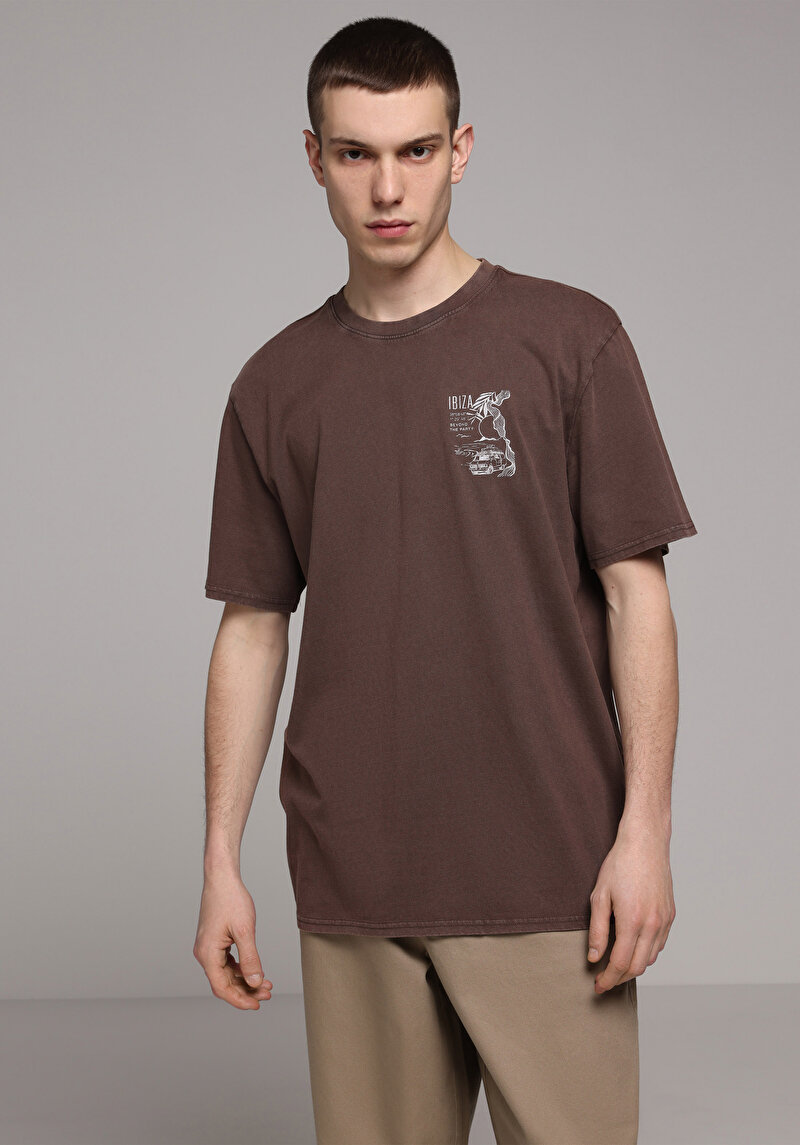 Comfort Fit Yuvarlak Yaka Düz Erkek Kahverengi Kısa Kol Tişört