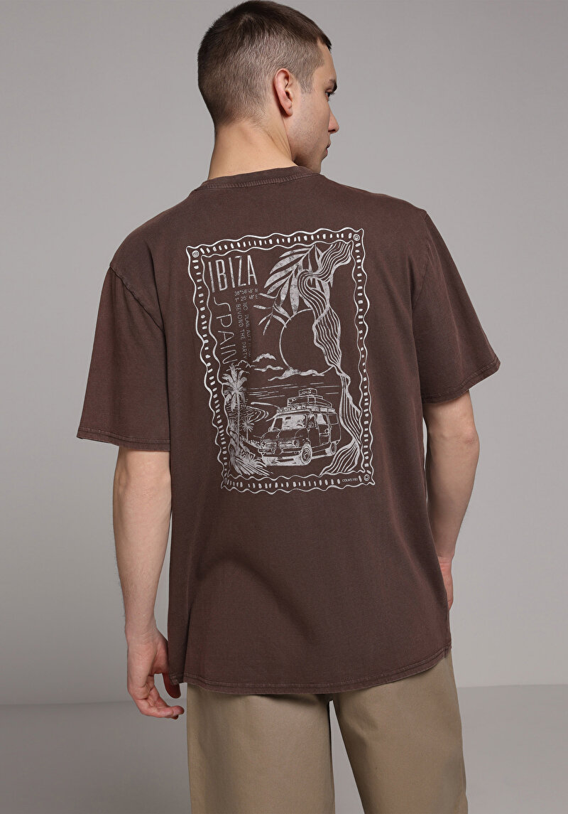 Comfort Fit Yuvarlak Yaka Düz Erkek Kahverengi Kısa Kol Tişört