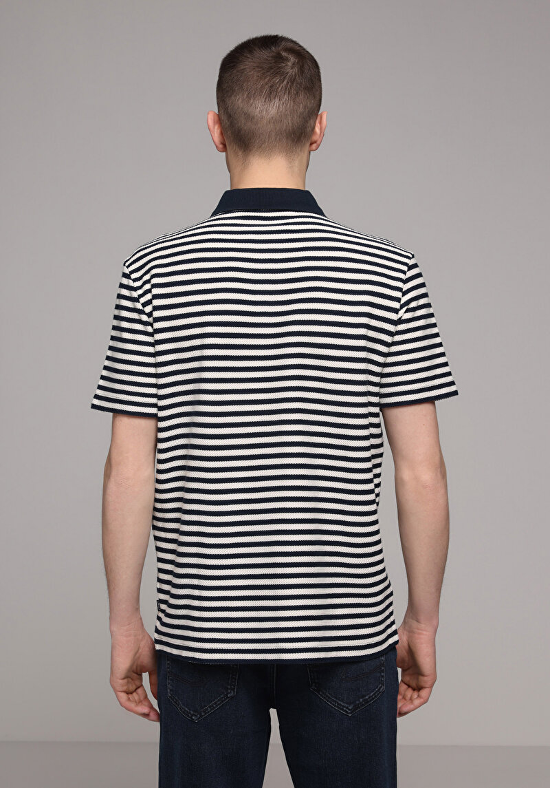 Regular Fit Polo Yaka Çizgili Erkek Lacivert Kısa Kol Tişört