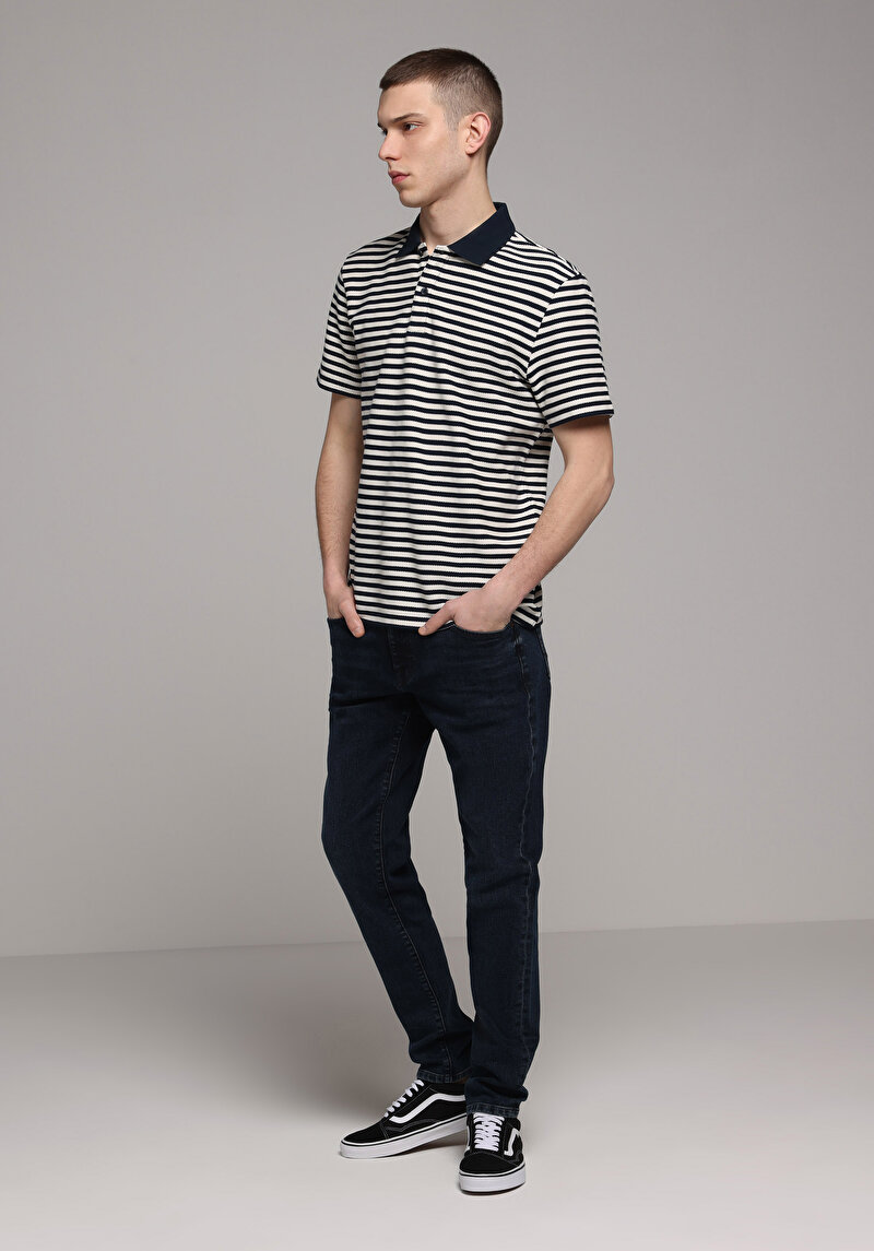 Regular Fit Polo Yaka Çizgili Erkek Lacivert Kısa Kol Tişört
