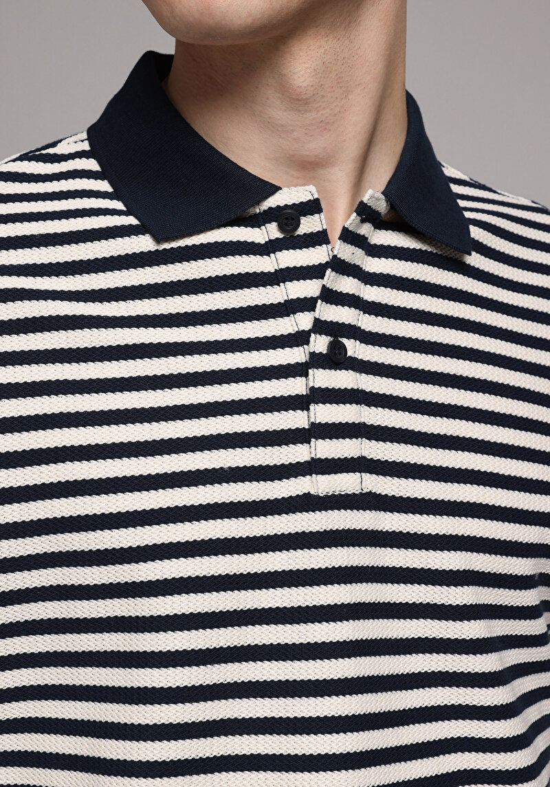 Regular Fit Polo Yaka Çizgili Erkek Lacivert Kısa Kol Tişört