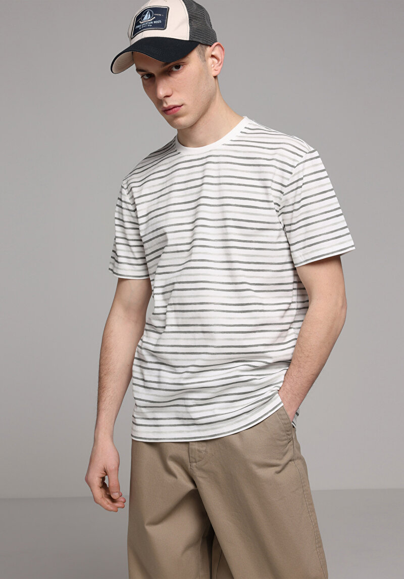 Regular Fit Yuvarlak Yaka Çizgili Erkek Yeşil Kısa Kol Tişört