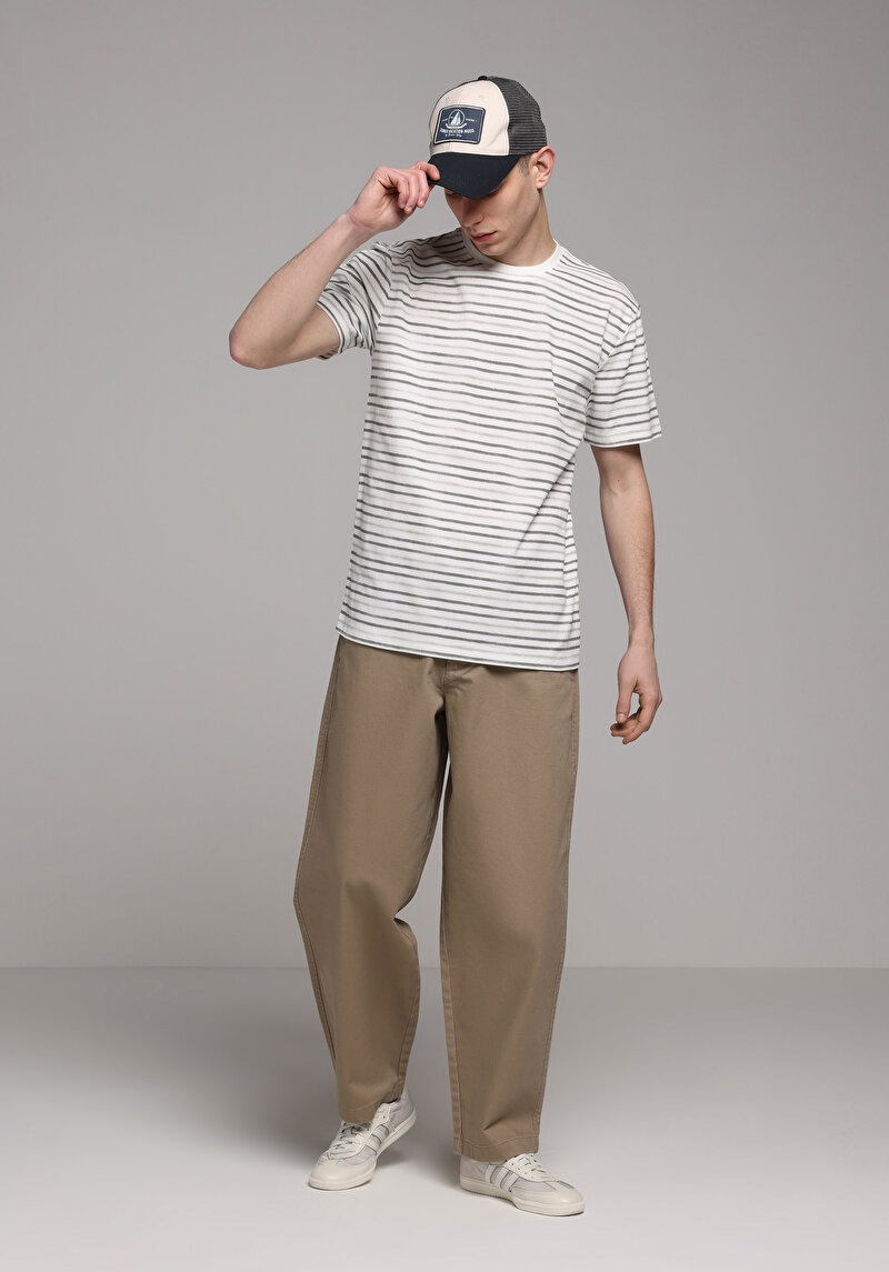 Regular Fit Yuvarlak Yaka Çizgili Erkek Yeşil Kısa Kol Tişört