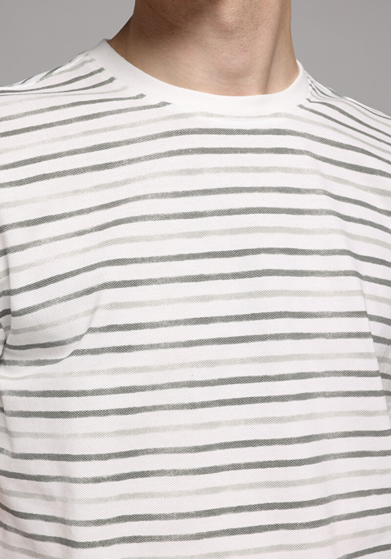 Regular Fit Yuvarlak Yaka Çizgili Erkek Yeşil Kısa Kol Tişört