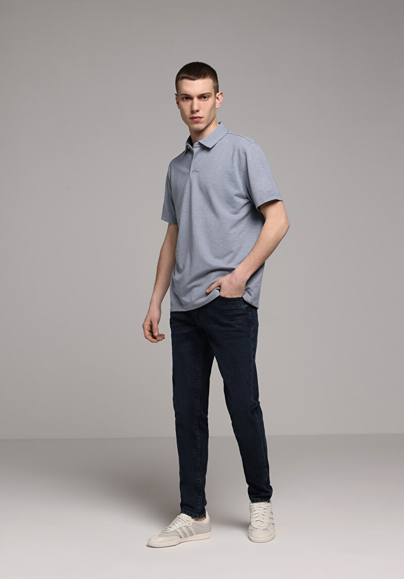 Regular Fit Polo Yaka Düz Erkek Mavi Kısa Kol Tişört