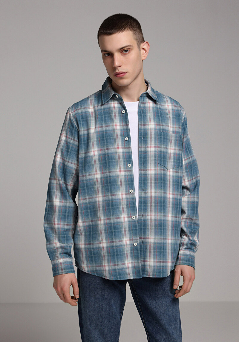 Regular Fit Shirt Neck Ekoseli Erkek Yeşil Uzun Kol Gömlek