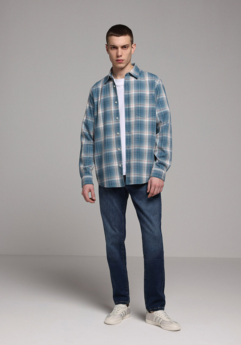 Regular Fit Shirt Neck Ekoseli Erkek Yeşil Uzun Kol Gömlek