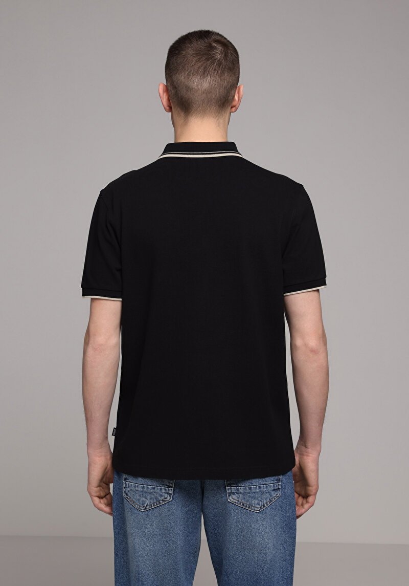 Regular Fit Polo Yaka Düz Erkek Siyah Kısa Kol Tişört
