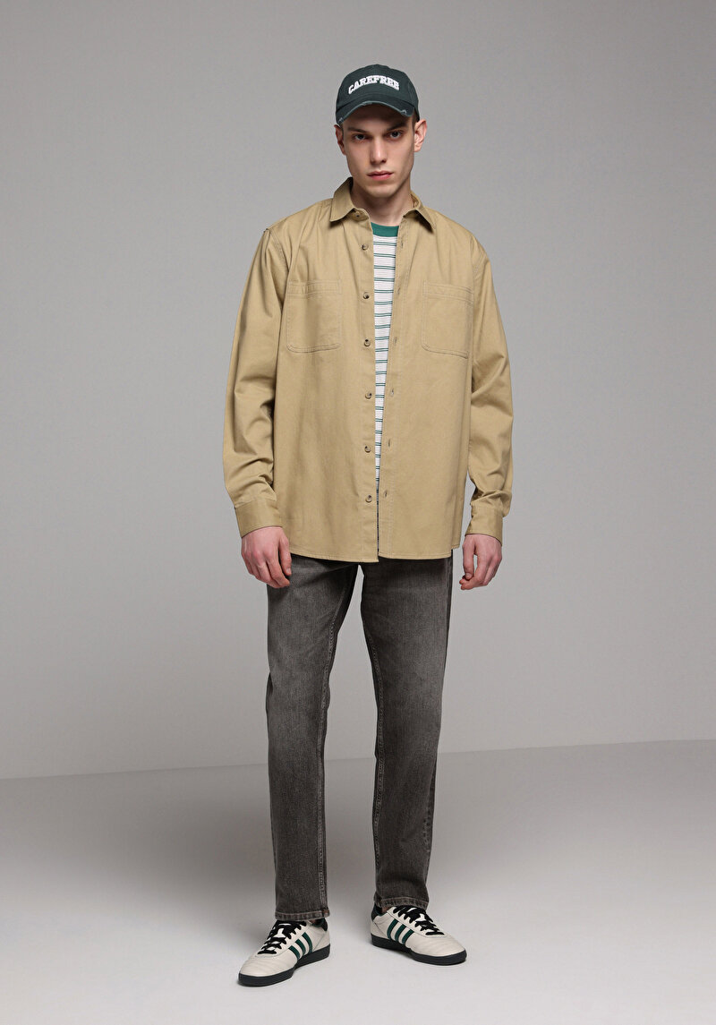 Relaxed Fit Shirt Neck Düz Erkek Kahverengi Uzun Kol Gömlek