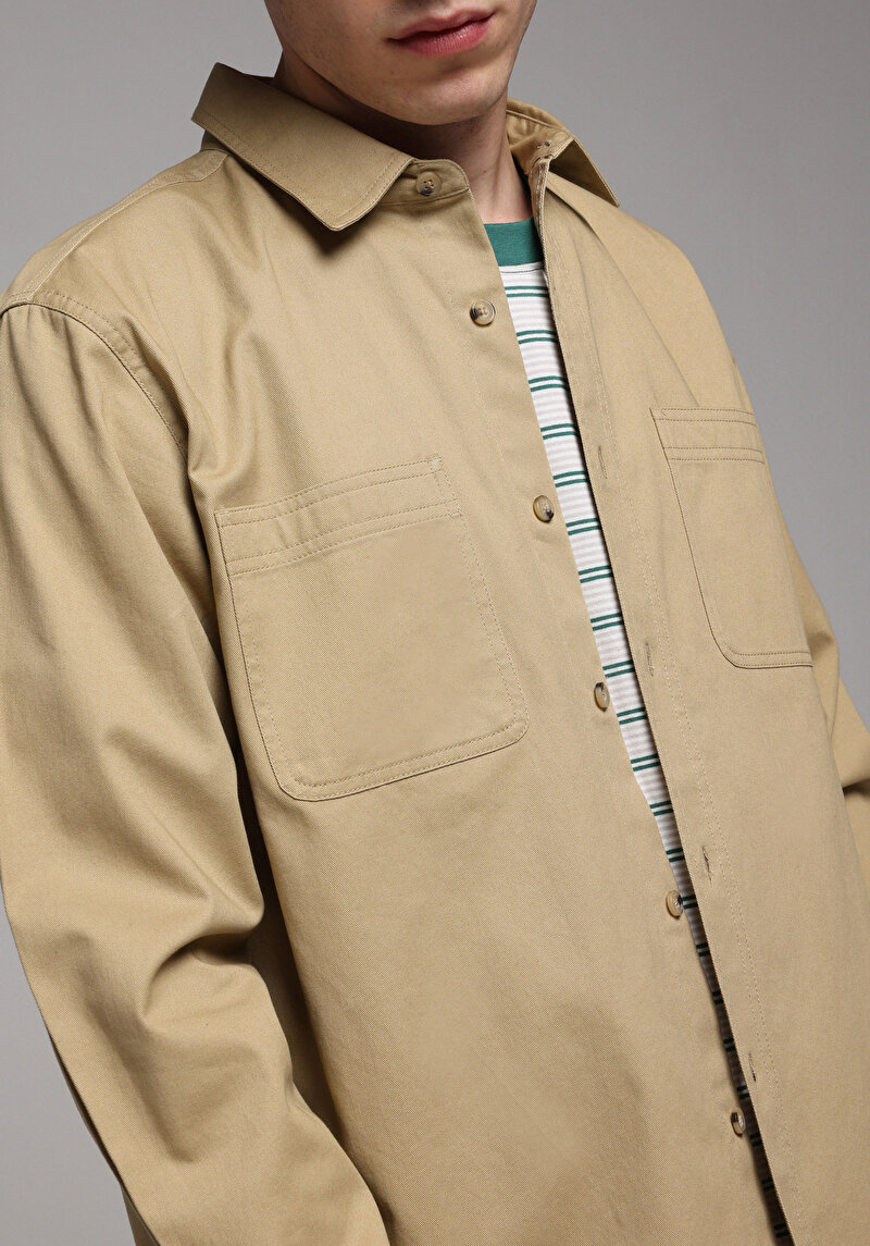 Relaxed Fit Shirt Neck Düz Erkek Kahverengi Uzun Kol Gömlek