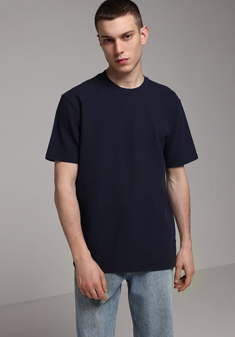 Comfort Fit Yuvarlak Yaka Düz Erkek Lacivert Kısa Kol Tişört