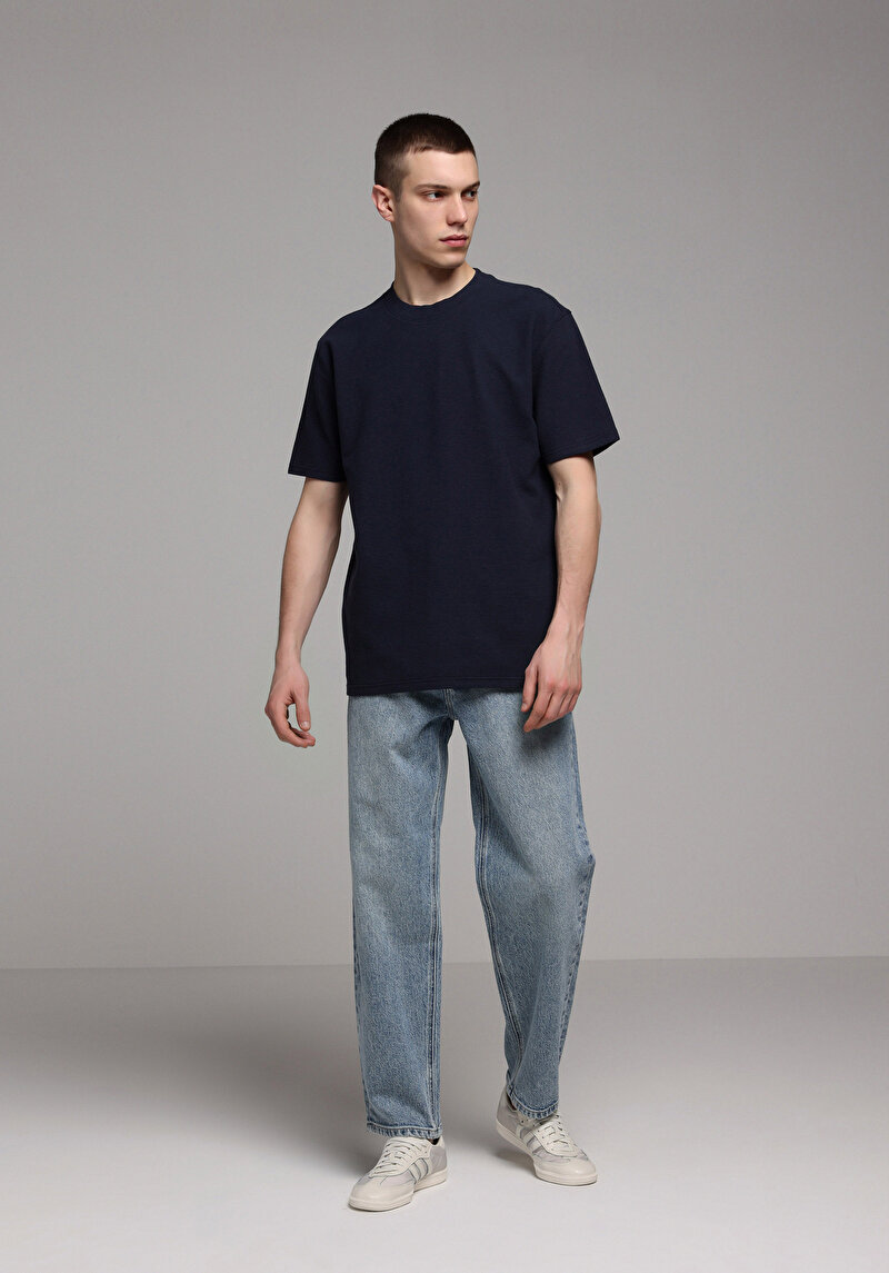 Comfort Fit Yuvarlak Yaka Düz Erkek Lacivert Kısa Kol Tişört