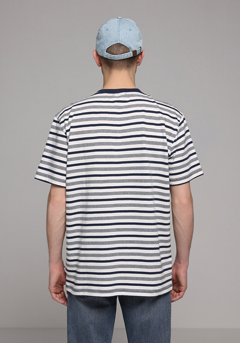 Comfort Fit Yuvarlak Yaka Çizgili Erkek Lacivert Kısa Kol Tişört