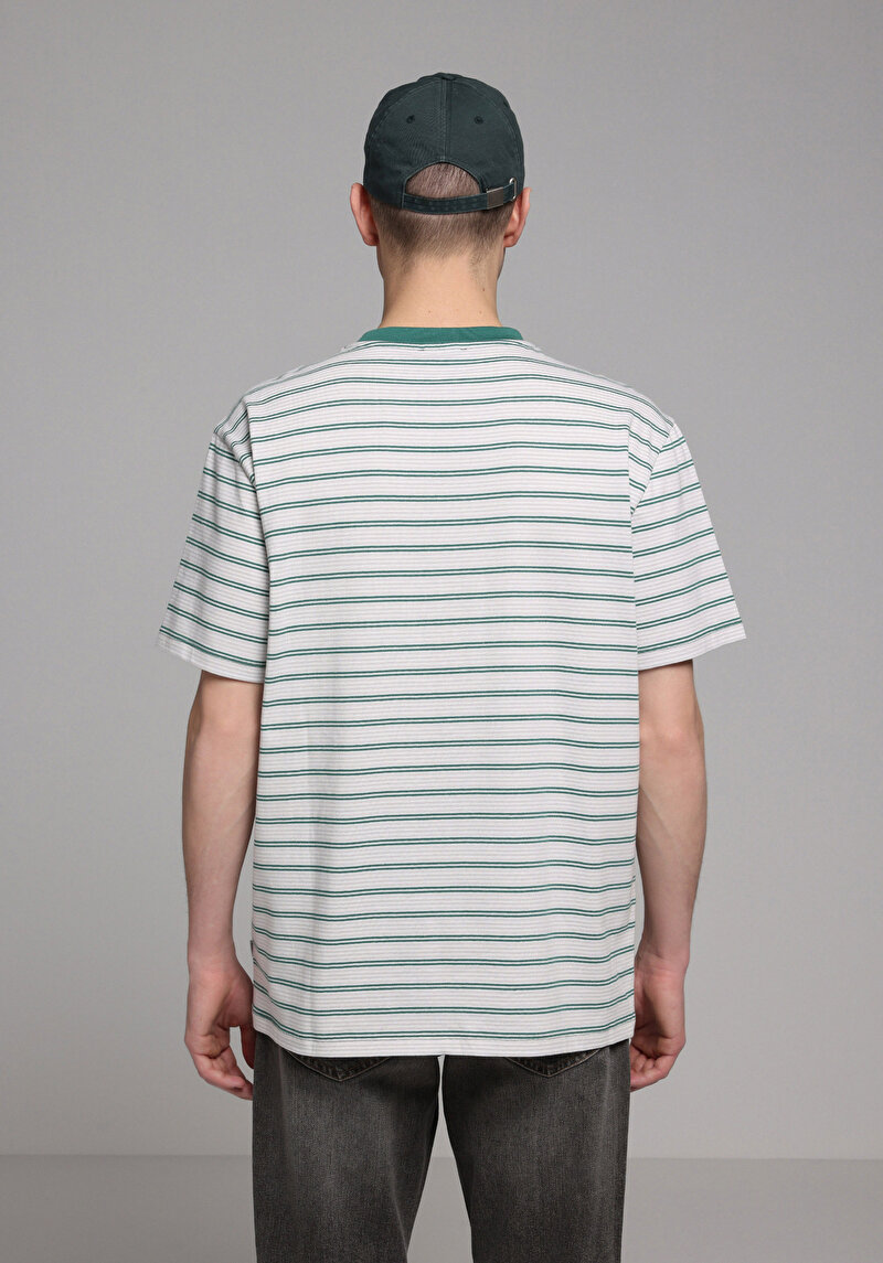 Comfort Fit Yuvarlak Yaka Çizgili Erkek Yeşil Kısa Kol Tişört